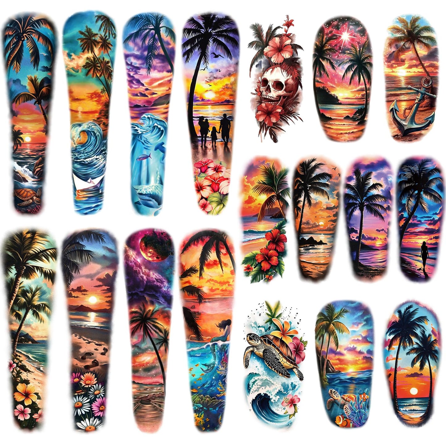 48 Sheets Full Arm Temporary Tattoos for Adults - Waterproof Tropical Summer Beach Party Fake Tattoo Stickers - Hawaiian Floral Palm Sunset Designs for Women Men