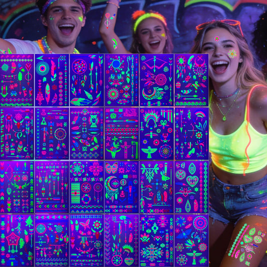 360pcs Neon Temporary Tattoos for Party Supplies,UV Blacklight Reactive Fluorescent Tattoo Stickers for Kids Adult Teens,Waterproof Colorful Fake Tattoos for Festival Rave Dance Party Halloween Makeup