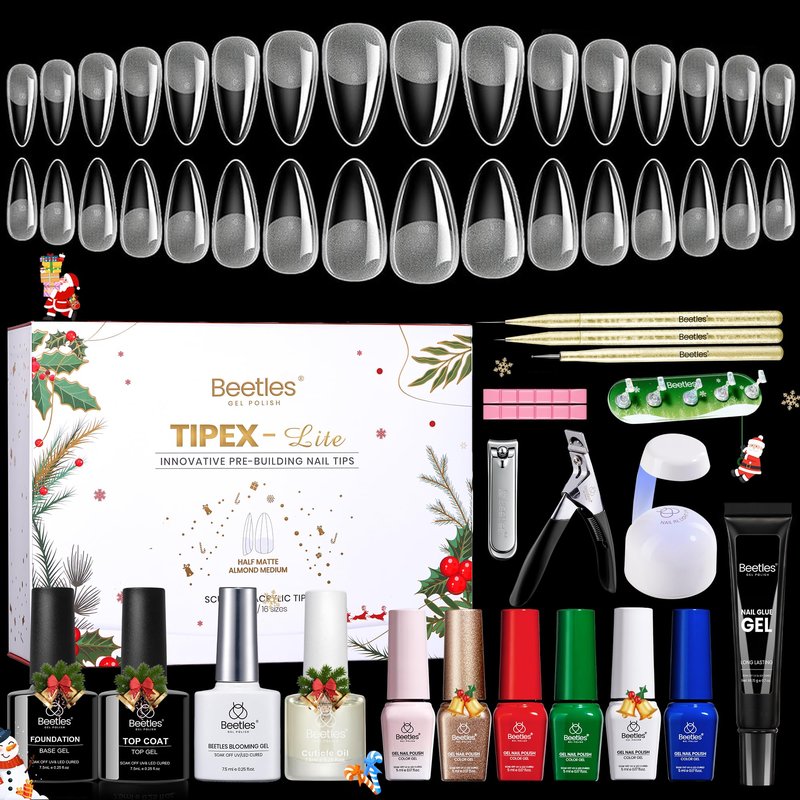 Beetles Tipex Lite Apex Christmas Gift Nail Tips Kit –Almond Medium 16Sizes, 6 Pcs Red Sparkle Green Glitter Gold Silver Dark Red Gel Polish Kits, UV Solid Glue, Base & Top Coat, 3 Nail Art Brushes