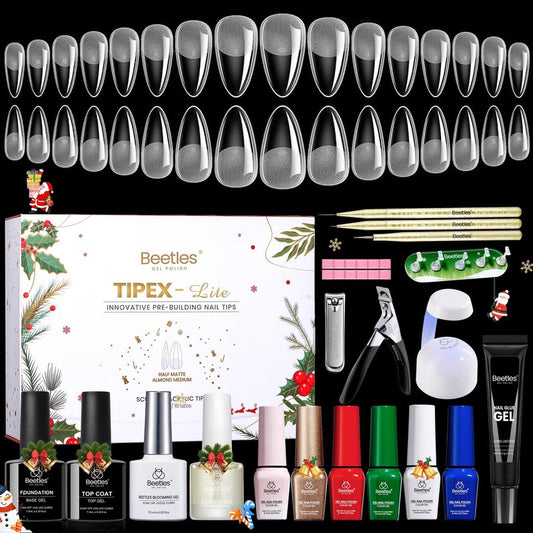 Beetles Tipex Lite Apex Christmas Gift Nail Tips Kit –Almond Medium 16Sizes, 6 Pcs Red Sparkle Green Glitter Gold Silver Dark Red Gel Polish Kits, UV Solid Glue, Base & Top Coat, 3 Nail Art Brushes