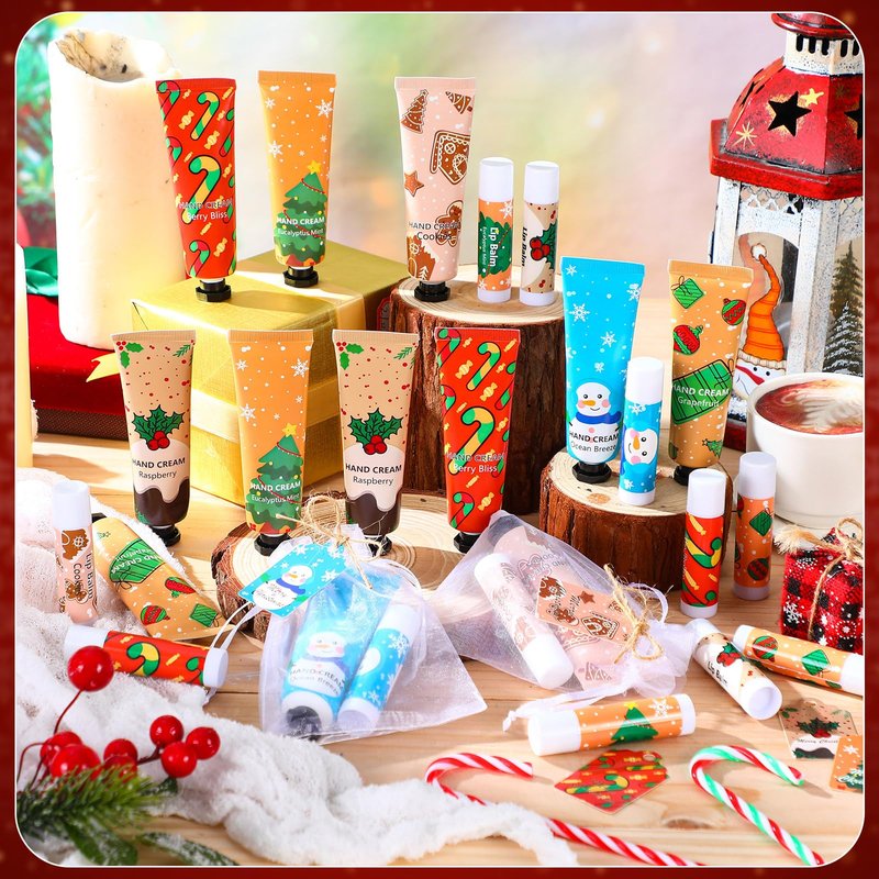 Loopeer 36 Sets/144 Pcs Christmas Hand Cream and Lip Balm Gift Set for Women Bulk Mini Hand Lotion Travel Size for Dry Skin Stocking Stuffers with Greeting Card Organza Bags for Coworker Employee