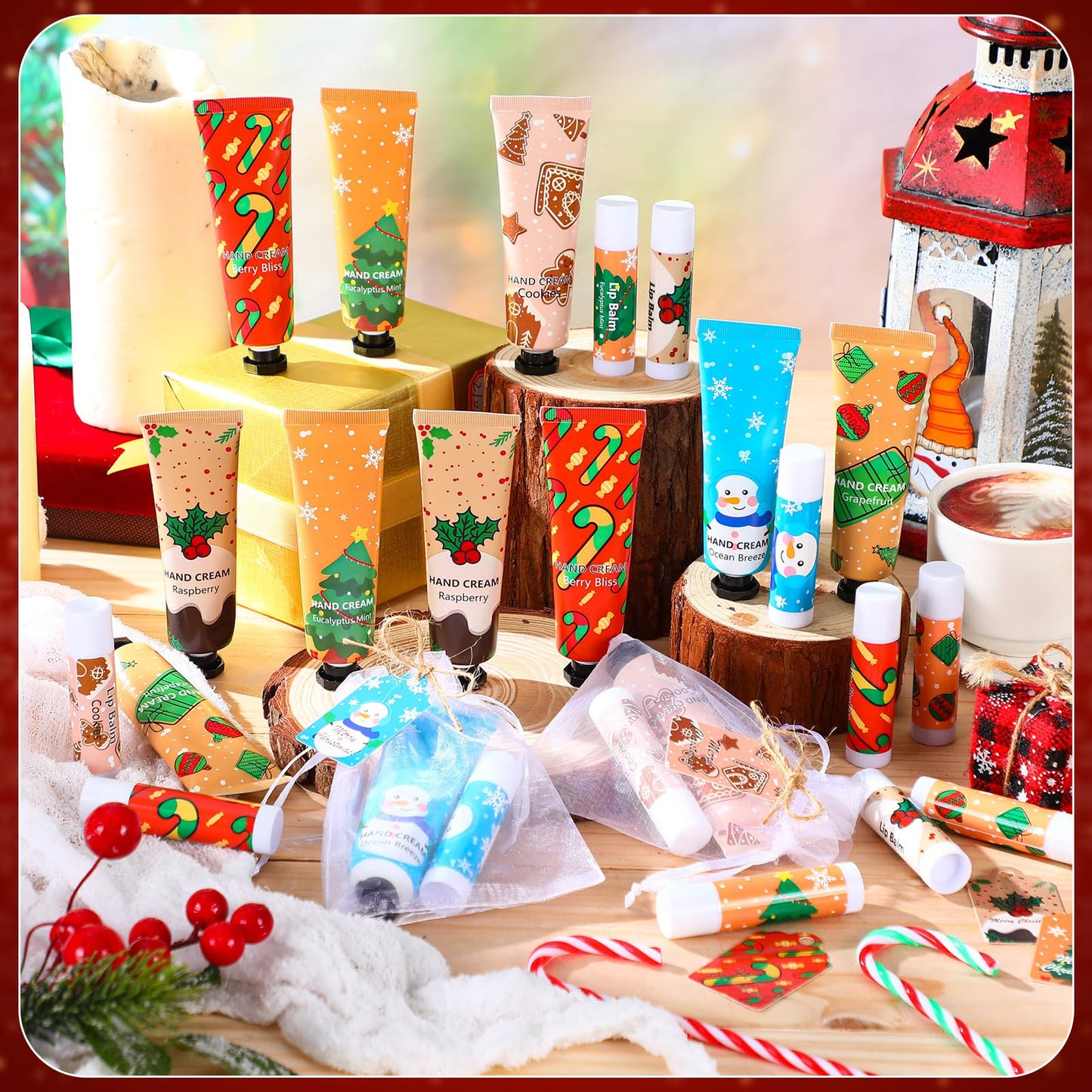 Loopeer 36 Sets/144 Pcs Christmas Hand Cream and Lip Balm Gift Set for Women Bulk Mini Hand Lotion Travel Size for Dry Skin Stocking Stuffers with Greeting Card Organza Bags for Coworker Employee
