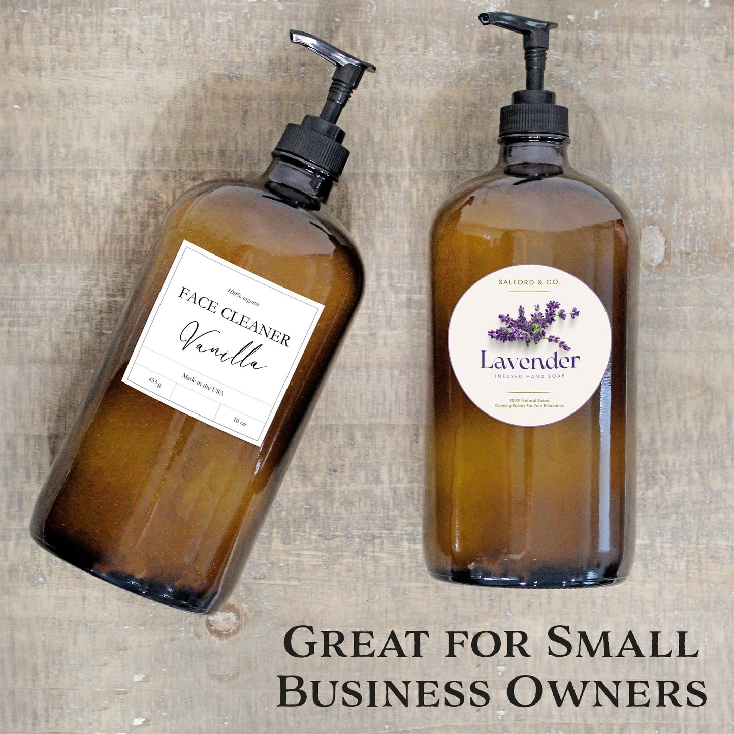 Cornucopia Brands 32-Ounce Amber Glass Lotion Pump Bottles (2-Pack); Quart Size Brown Bottles w/Black Plastic Locking Pump Dispensers; Includes Chalk Labels