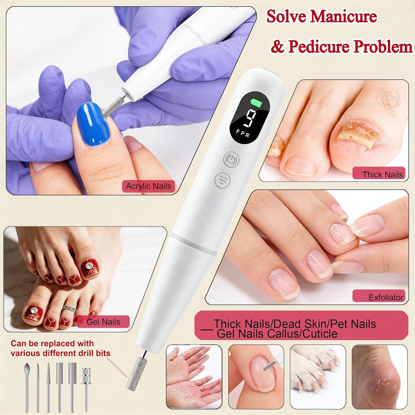 Professional Electric Nail Drill - Cordless Nail File with LED Display, 6 Bits & 26 Accessories for Gel/Acrylic Nails | White