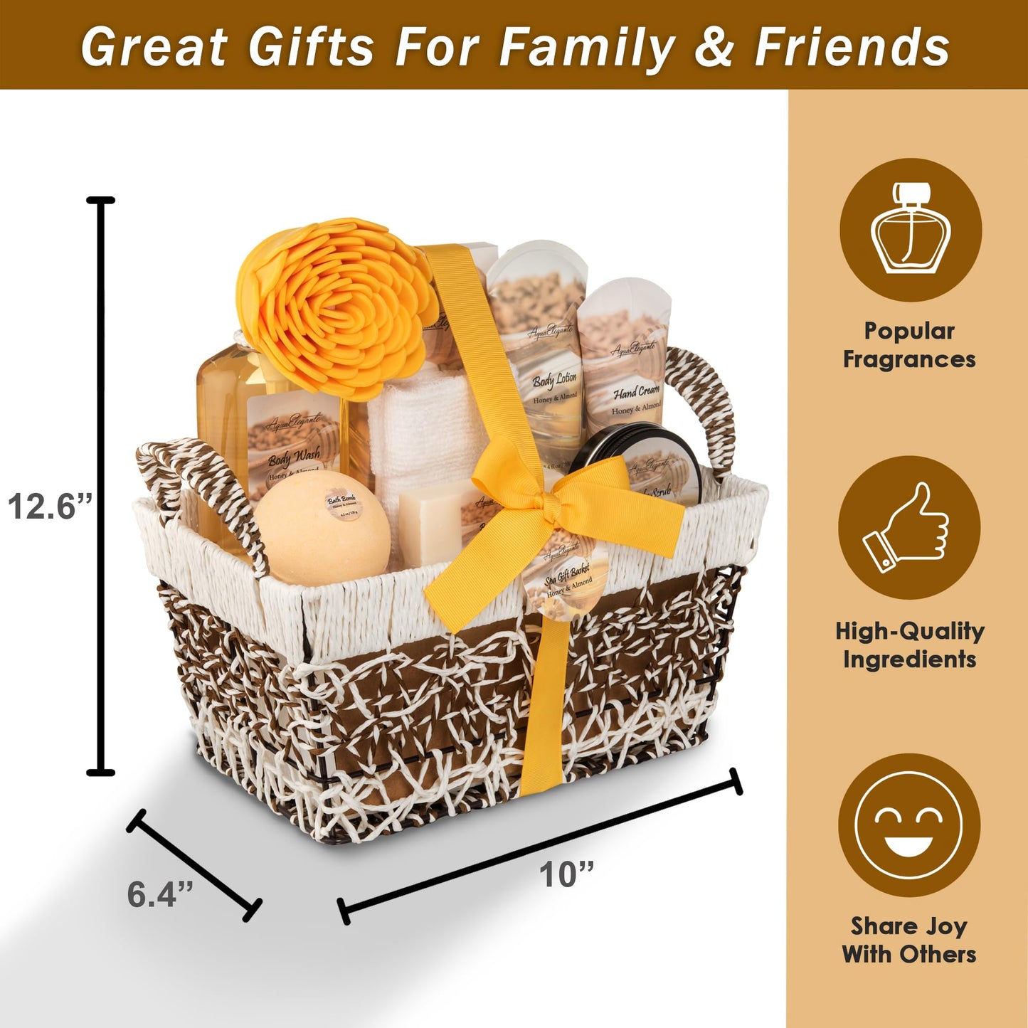Aqua Elegante Bath Basket For Women - Deluxe Spa Set with Wash, Bubble Bath, Lotion, Salts, Body Scrub, Towel, Shower Puff, Bathbombs, Reusable Basket, Gifts for Mom, Wife, Her - Honey & Almond