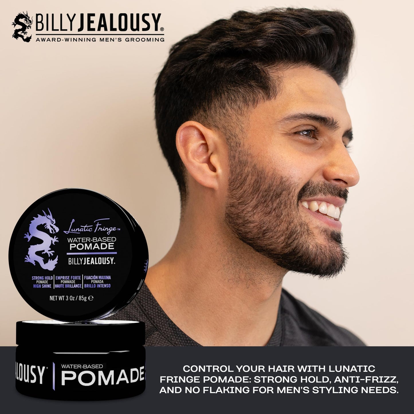 Billy Jealousy Lunatic Fringe Water-Based Pomade for Men, Strong Hold, High Shine, Water Soluble and Vegan Hair Product Ideal for Medium to Long Thick Mane, 3 oz