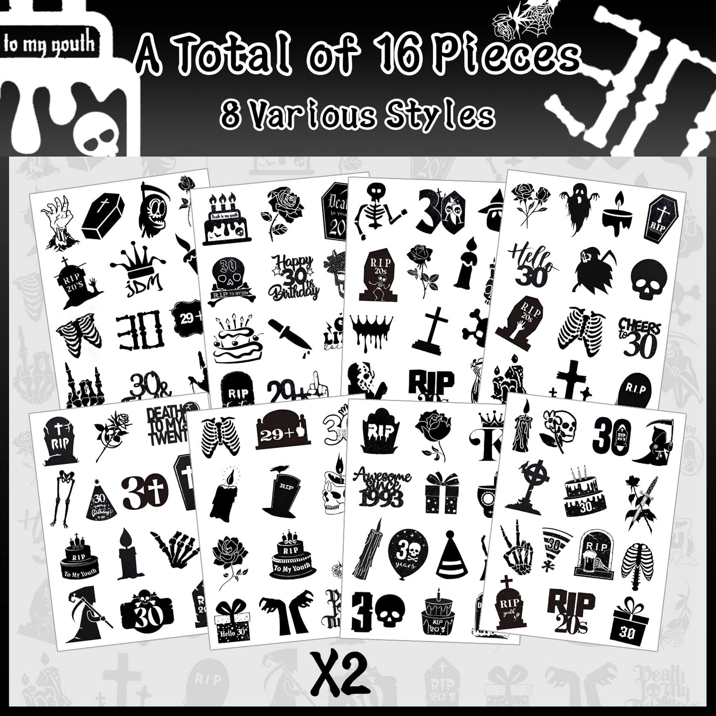 190 PCS Death to My 20s Decorations, Rip My Twenties Temporary Tattoos, Rip to My 20s Birthday Decorations for 30th Birthday Black Funeral Party for Women's and Man's Funny Thirtieth Birthday Party