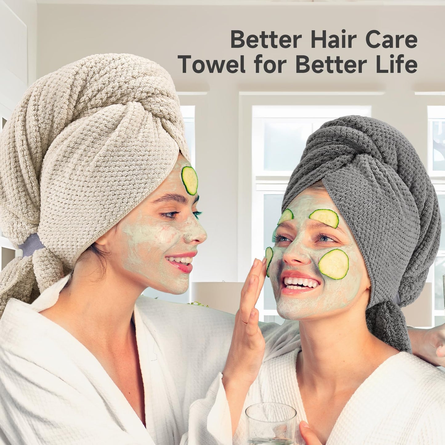 Extra Large Microfiber Hair Towel for Women Curly, Long, Thick Hair, 2 Pack Ultra Absorbent Hair Drying Towel Wrap, Super Soft Anti Frizz Hair Turban with Elastic Loop (Grey, Camel)