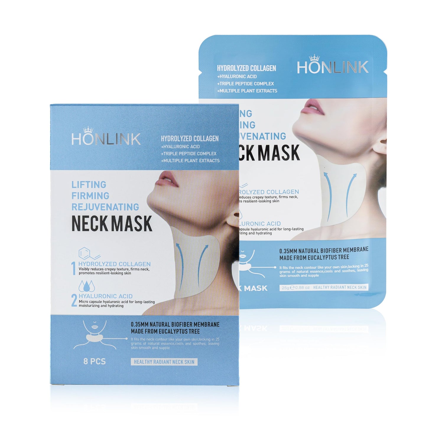 HONLINK Collagen Neck Mask, Hydrating Neck Care Masks with Hyaluronic Acid, Collagen & Peptides, Moisture Support for Soft & Smooth Looking Neck Skin, 8 Individually Packed Masks
