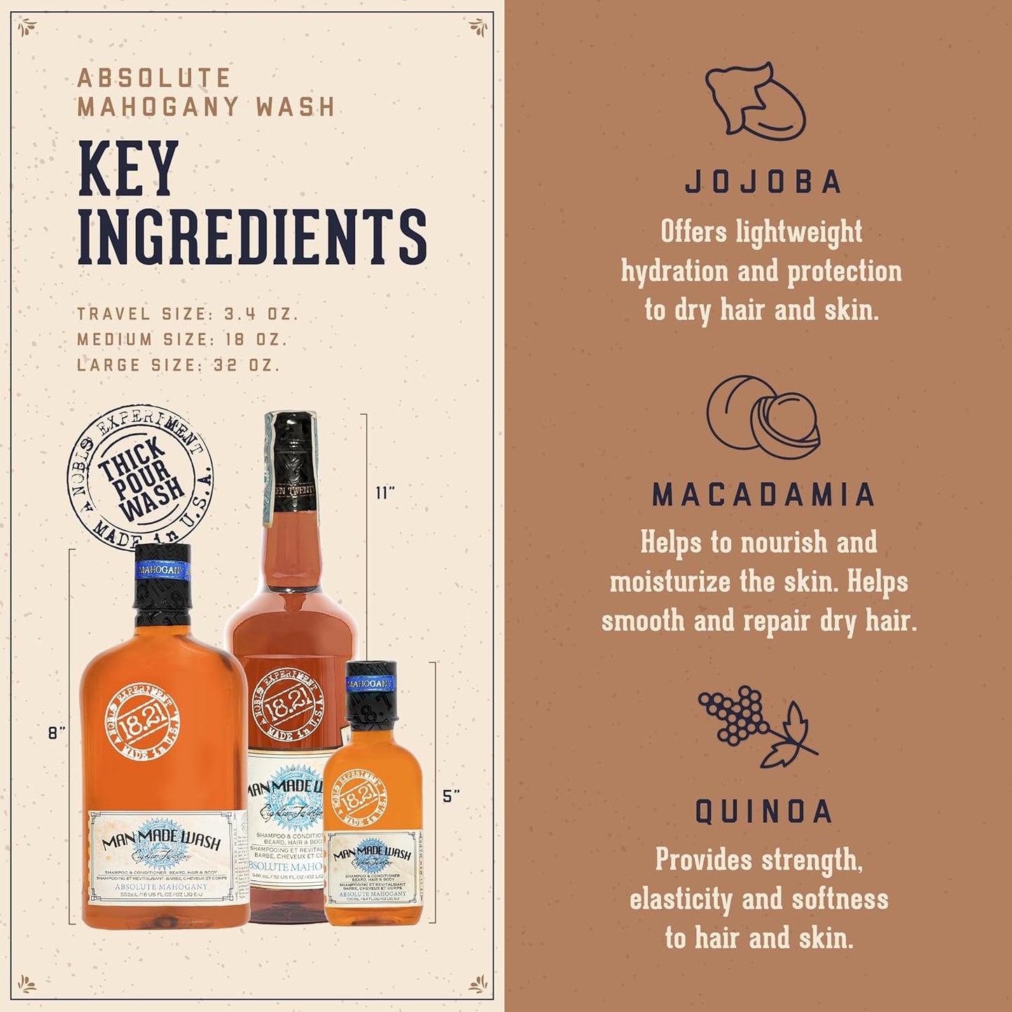18.21 Man Made 3-in-1 Body Wash, Shampoo & Conditioner - Mahogany Scent, 3.4oz for All Hair & Skin Types