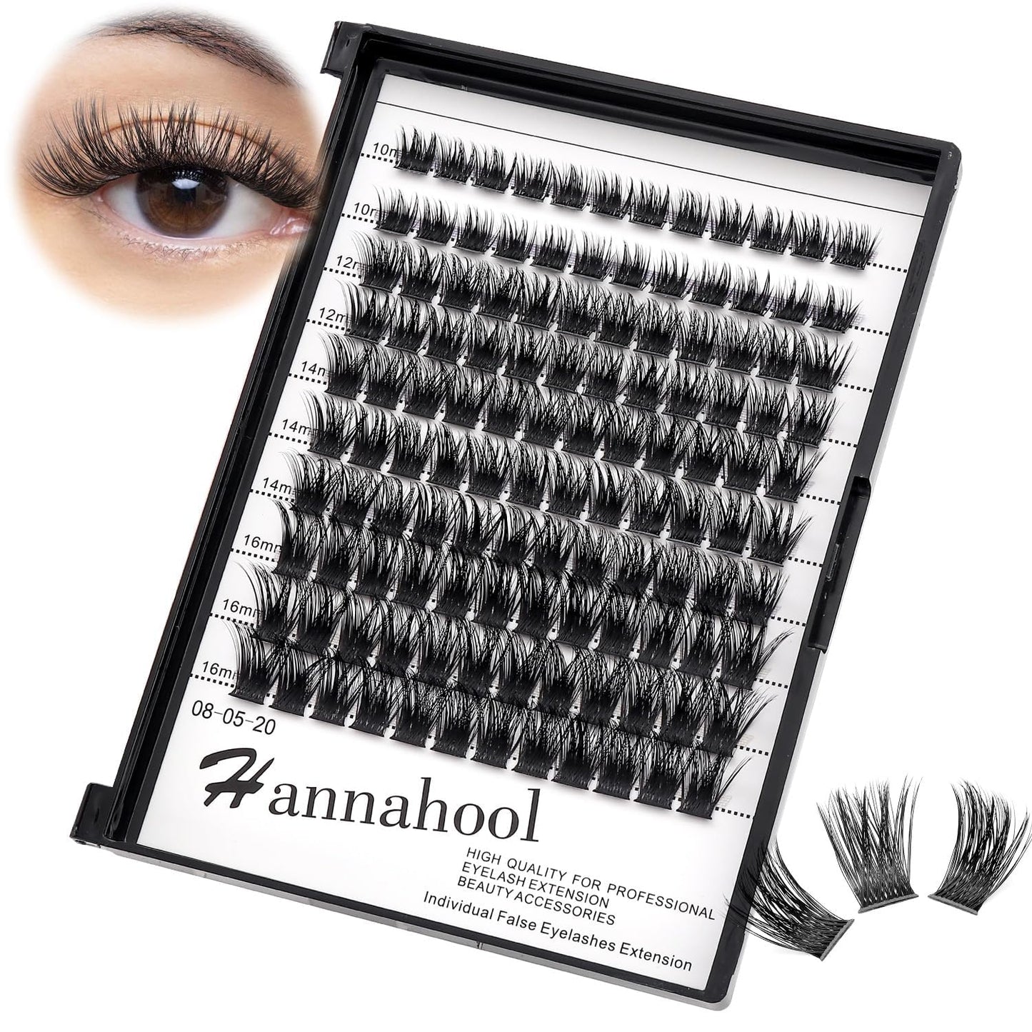 Hannahool10Rows Mixed 10-12-14-16mm /8-10-12-14mm Individual False Eyelashes D Curl Wide Stem Makeup Cluster Eyelashes Natural Volume Eye Lashes Extensions (HD-lashes kit-10-12-14-16MM Mixed)