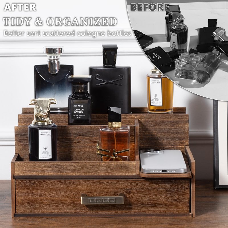 Wishtofly Cologne Organizer for Men, 3 Tier Perfume Display Stand with Drawer and Hidden Compartments, Stylish Wooden Mens Cologne Holder for Dresser Storage, Great Gift for Men/Fathers, Deep Brown