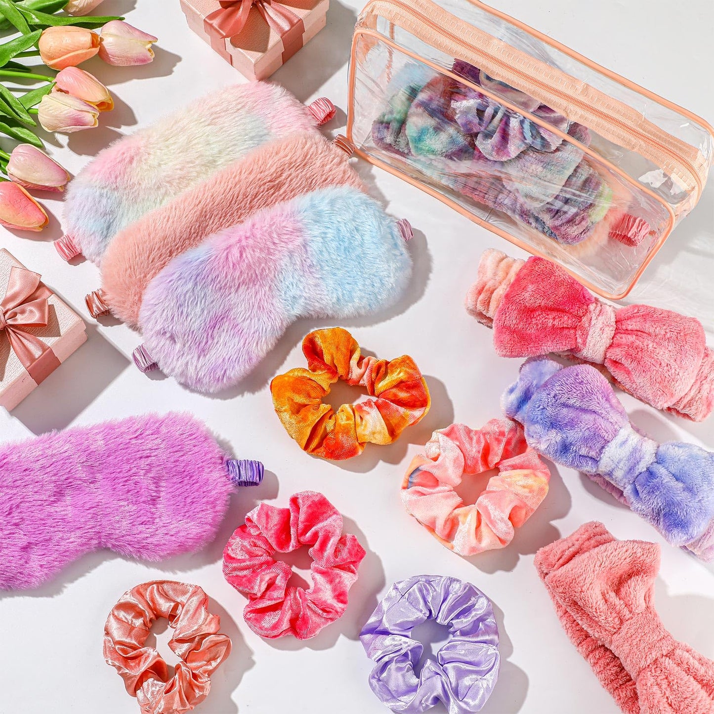 Kajaia 48 Pcs Spa Party Supplies for Girls Spa Party Favor Sleepover Slumber Supplies for Women Headband Eye Mask Hair Scrunchies Toiletry Bag(Motley,Fresh)
