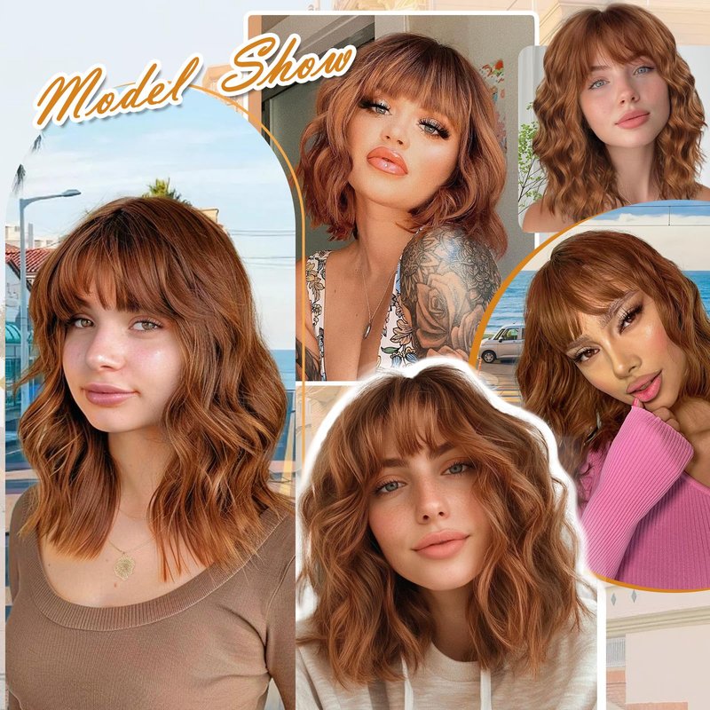 XIXIBI Auburn Wigs for Women Bob Wig with Bangs Short Curly Synthetic Shoulder Length Hair Wavy Natural Looking for Party Daily Use