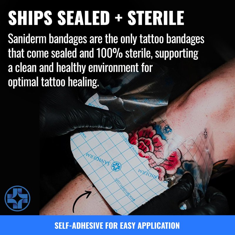 Saniderm Tattoo Aftercare Bandage 10 Sheets (Small Pack, 4 in x 4 in) – Convenient, Faster Tattoo Healing and Protection – Sterile, Waterproof, and Latex-Free