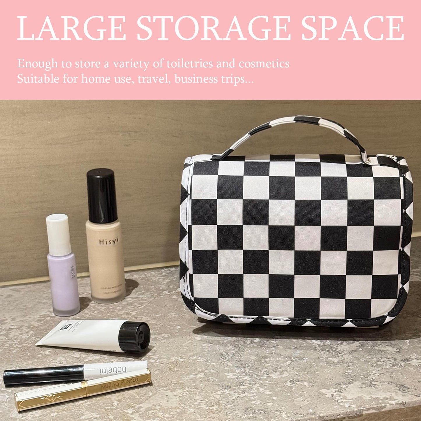 Crazy Bison Hanging Travel Toiletry Bag Kit Makeup Bag Cosmetics Organizer for Men Women (Black & White Checkerboard)