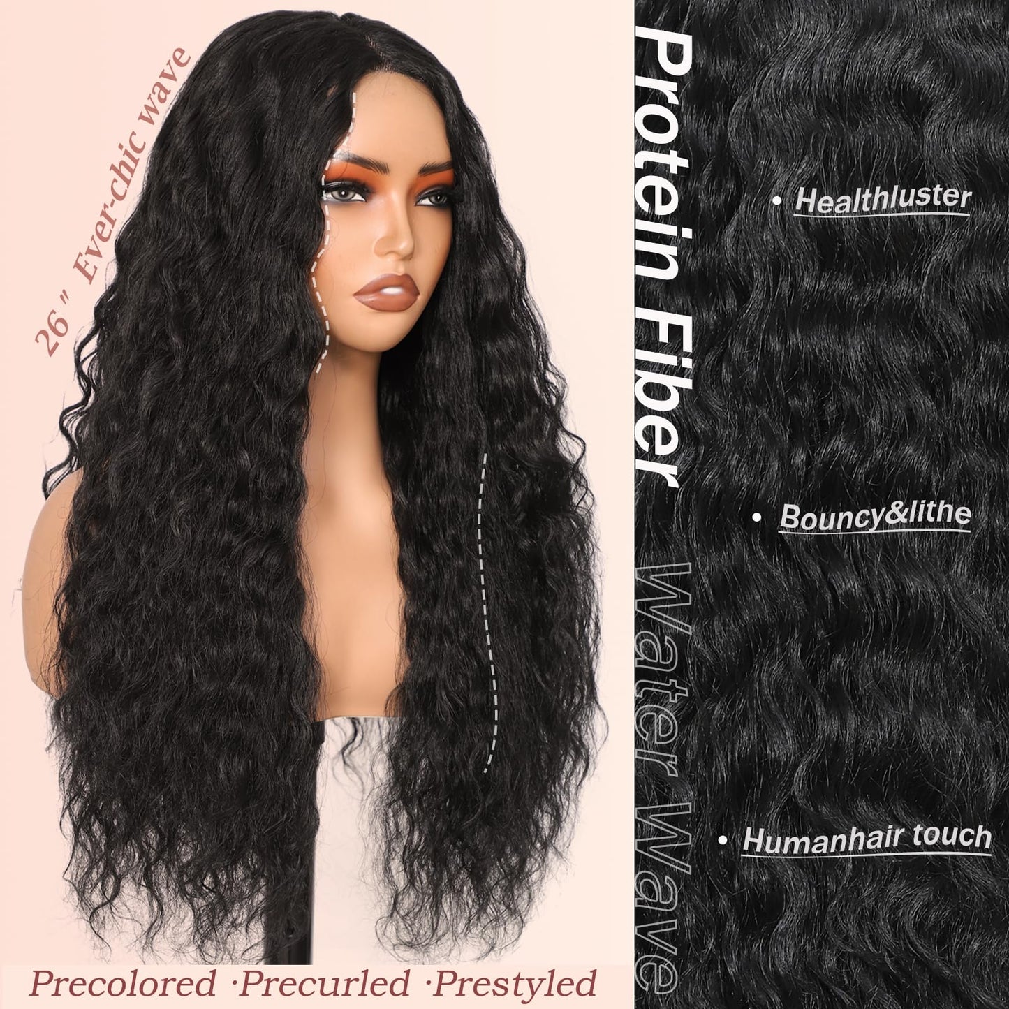 YKHJH 26 Inch Black Synthetic Lace Front Wig,100％ Protein Silk Deep Water Wave Lace Front Wig,Curly Glueless Wigs For Black Women,Hair Replacement Wigs Perfect for Daily & Party Use (Black)