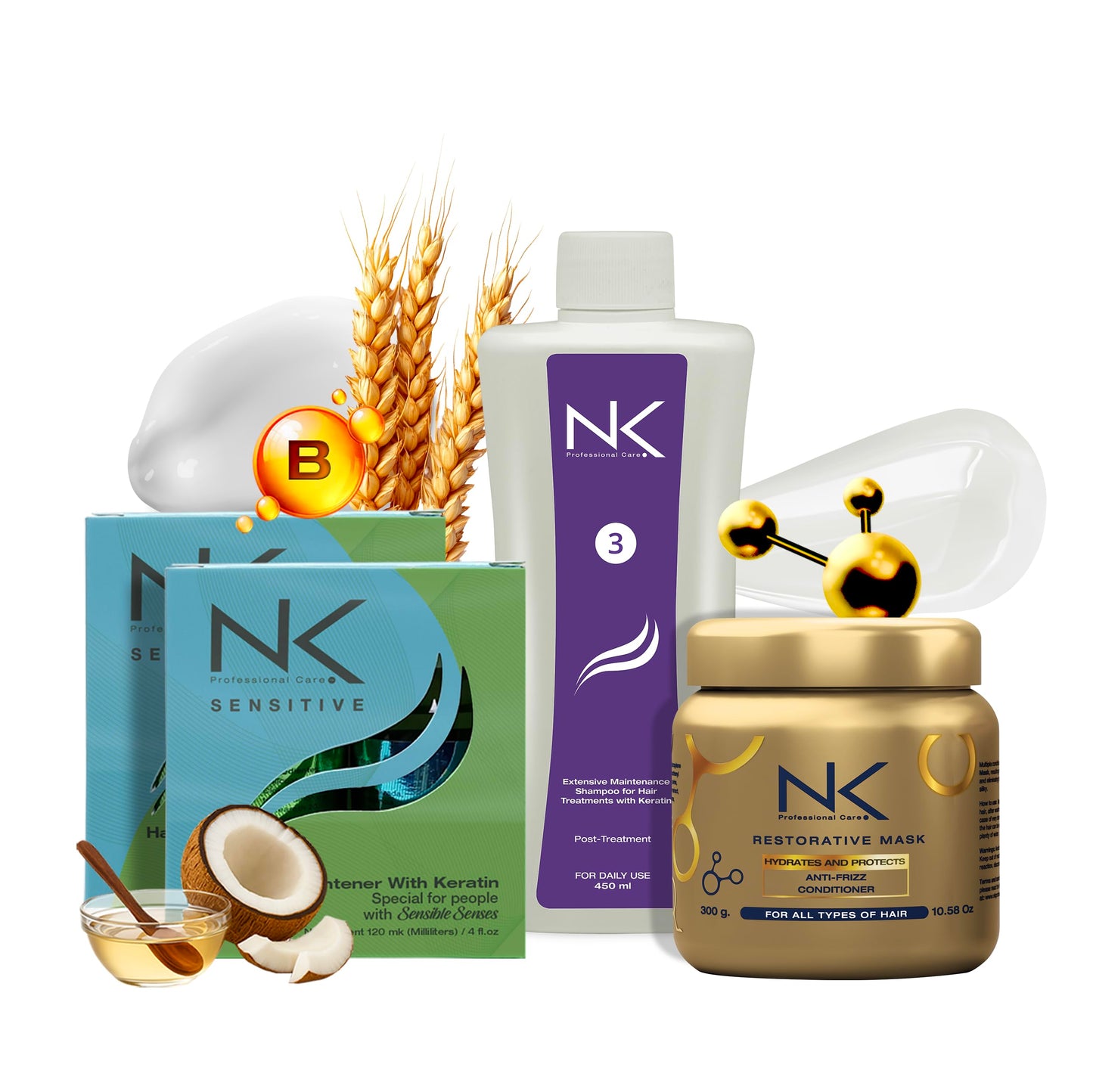 NK Professional Care Sensitive Keratin Hair Straightening Treatment, Vegan, Formaldehyde Free. Kit Steps 1,2,3,4. Sensitive straightening treatment, post-treatment shampoo and restorative mask.