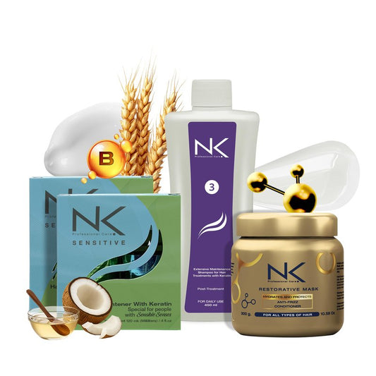 NK Professional Care Sensitive Keratin Hair Straightening Treatment, Vegan, Formaldehyde Free. Kit Steps 1,2,3,4. Sensitive straightening treatment, post-treatment shampoo and restorative mask.