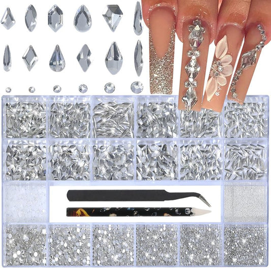 White Nail Rhinestones - 3D Flatback Crystals for Nail Art | Multiple Shapes & Sizes