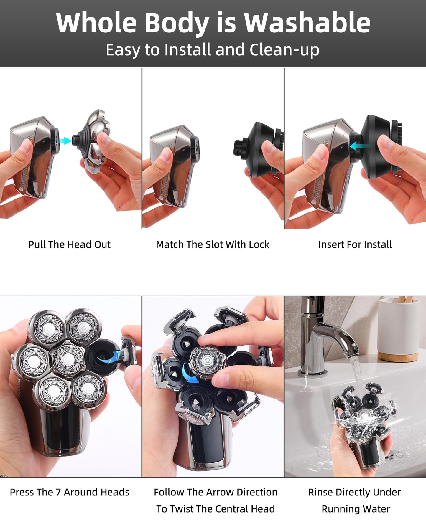 7D Electric Bald Shaver - 5-in-1 Dry/Wet Men's Head Shaver with Led Display & IPX7 Waterproof, Detachable, Rechargeable Razor
