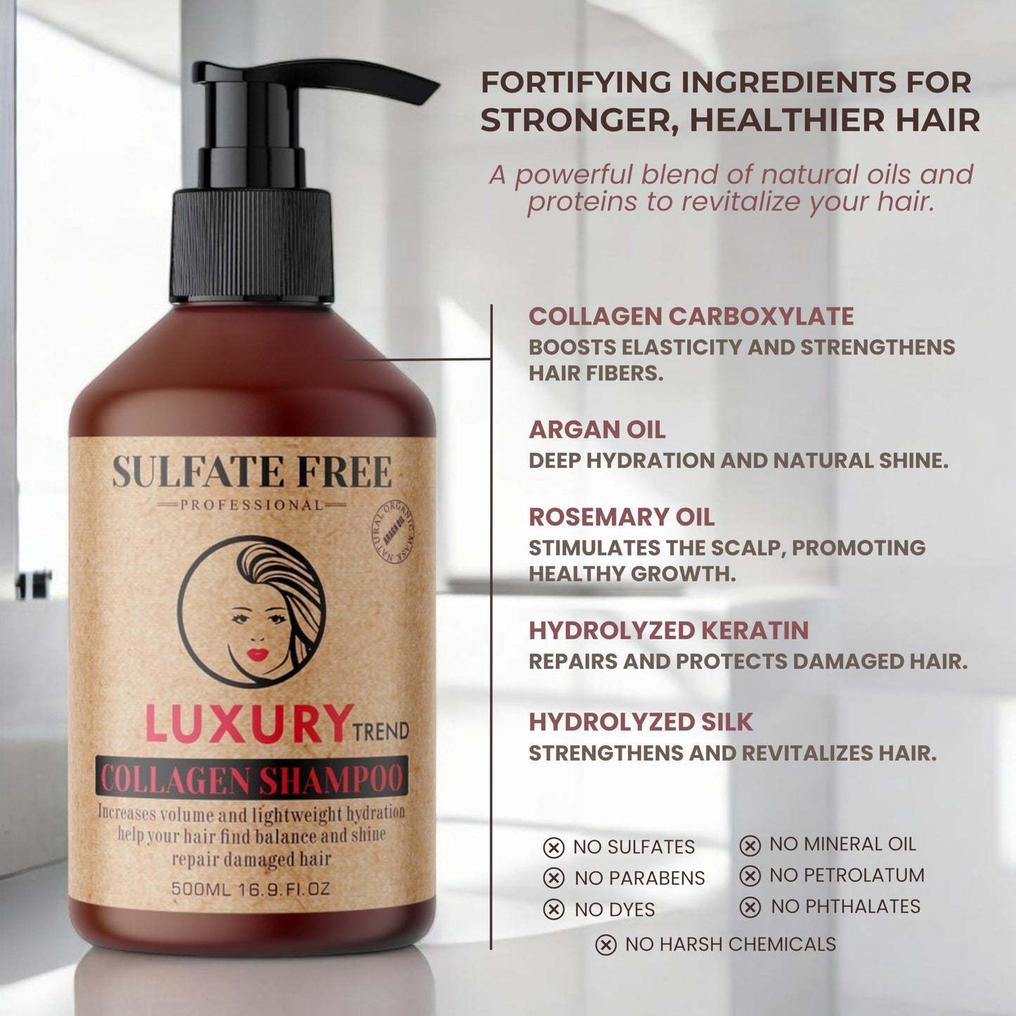LUXURY TREND Collagen Hair Shampoo for Women - Salon-Grade Thickening & Growth, Professional Cleansing for Fuller, Healthier Locks, Sulfate-Free, 16.9 oz