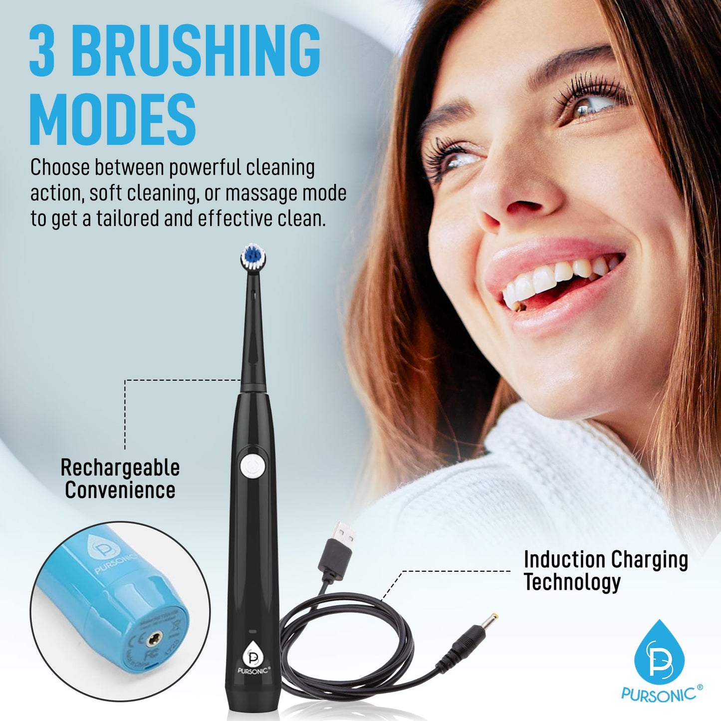 Rotating Electric Toothbrush for Adults with 3 Brush Heads - Toothbrush Electric with 3 Cleaning Modes - USB Rechargeable Toothbrush with 2 Minute Smart Timer (Black)