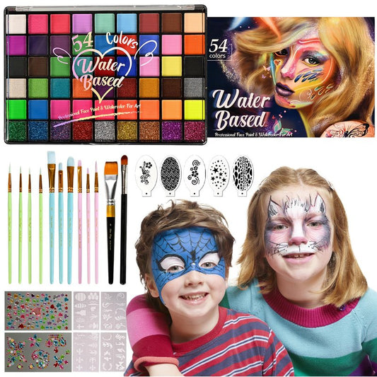 KNLDEFV 54 Color Kids Face Painting Kit, Non Toxic Water Activated Face Paint Palette with Stencils, Brush, Sparkle Gems. Perfect for Birthday Parties, Carnival, Costume Makeup