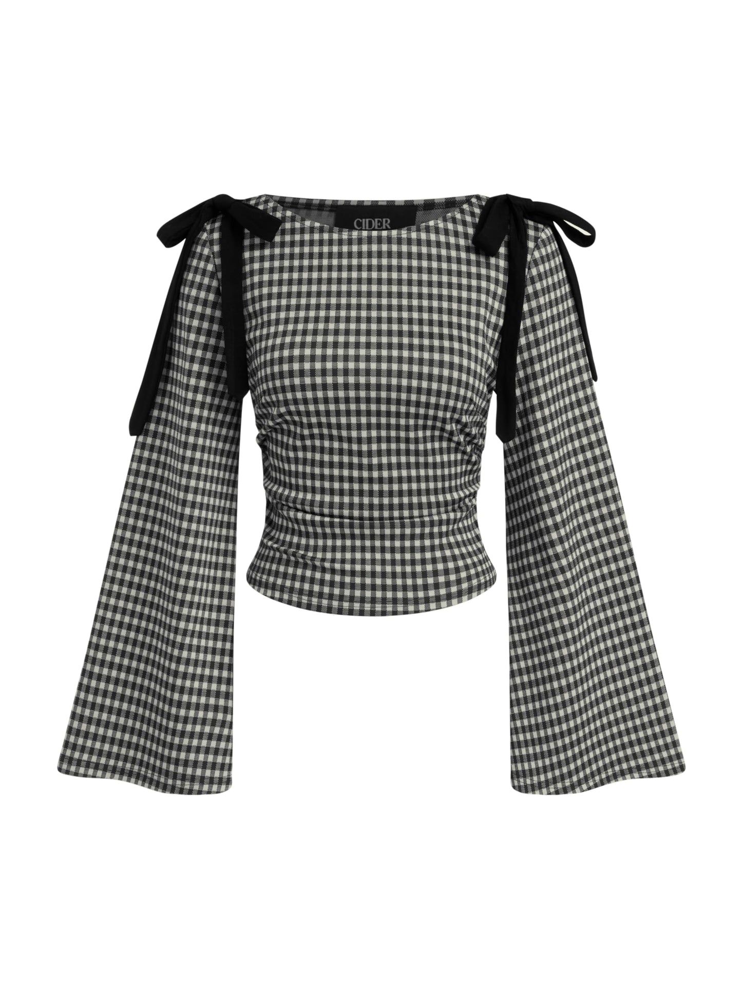 CIDER Tops Gingham Bowknot Ruched Long Sleeve Boat Neck Slim Fit Top Black