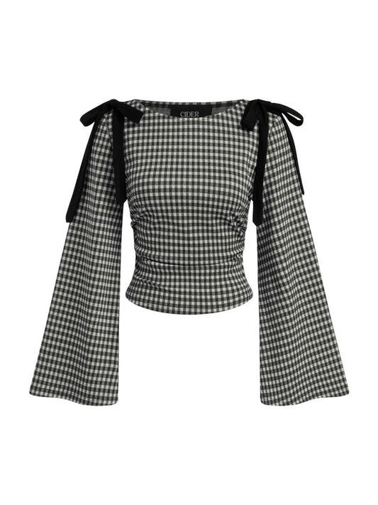 CIDER Tops Gingham Bowknot Ruched Long Sleeve Boat Neck Slim Fit Top Black