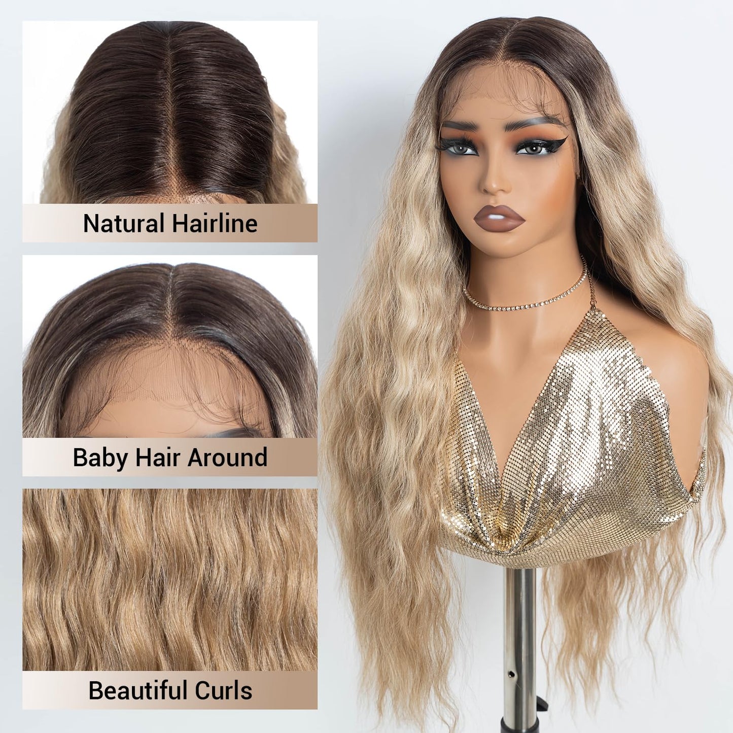 NOBLE Long Wavy Lace Front Wig - Ash Blonde 30 Inch Synthetic Hair | Heat Resistant for Daily Wear