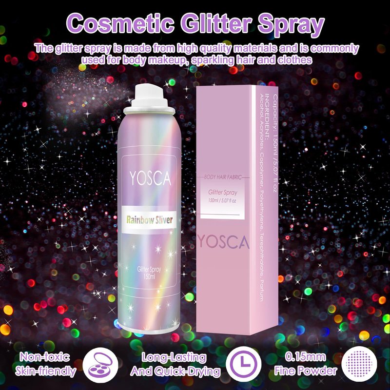 YOSCA Body Glitter Spray, 150ML Holographic Glitter Hairspray, Shiny Glitter Spray for Hair Body Clothes, Quick-Drying and Long-Lasting Shimmer Powder for Festival Music Concert Party Rave Accessories