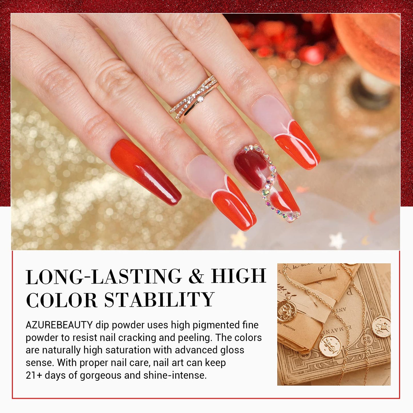 AZUREBEAUTY Dip Powder Nail Set, Red Burgundy Rose Berry Sparkle White Silver Glitter, 6 Colors Valentine's Day Dipping Powder Starter Kit French Nail Art Manicure DIY Salon, No Need Nail Lamp Cured