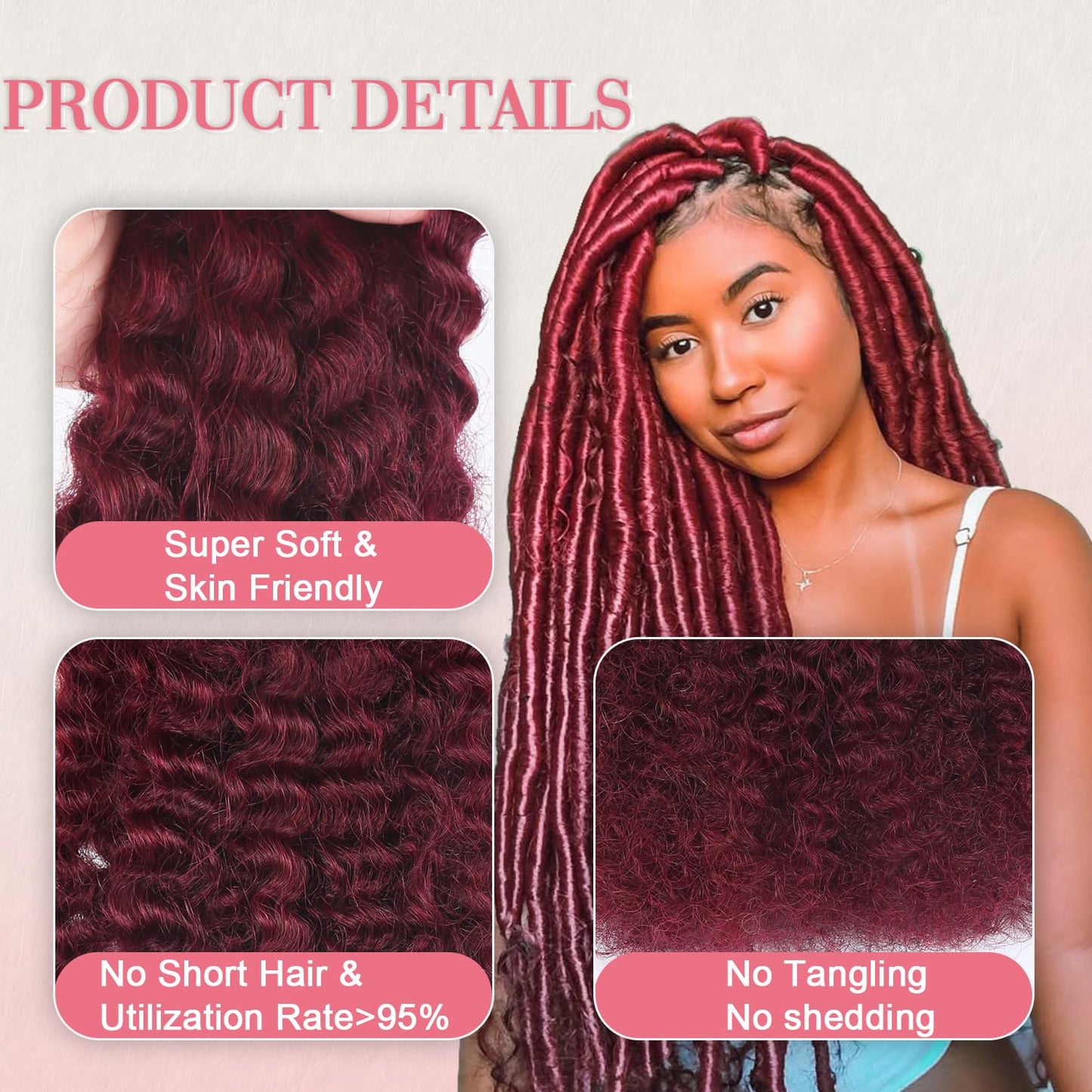 Unipearl Afro Kinkys Bulk Human Hair 50g/Pack Human Braiding Hair for Marley Twist, Locs Extensions & Crochet, Burgundy Afro Bulk Hair for Dreadlocks 14Inch