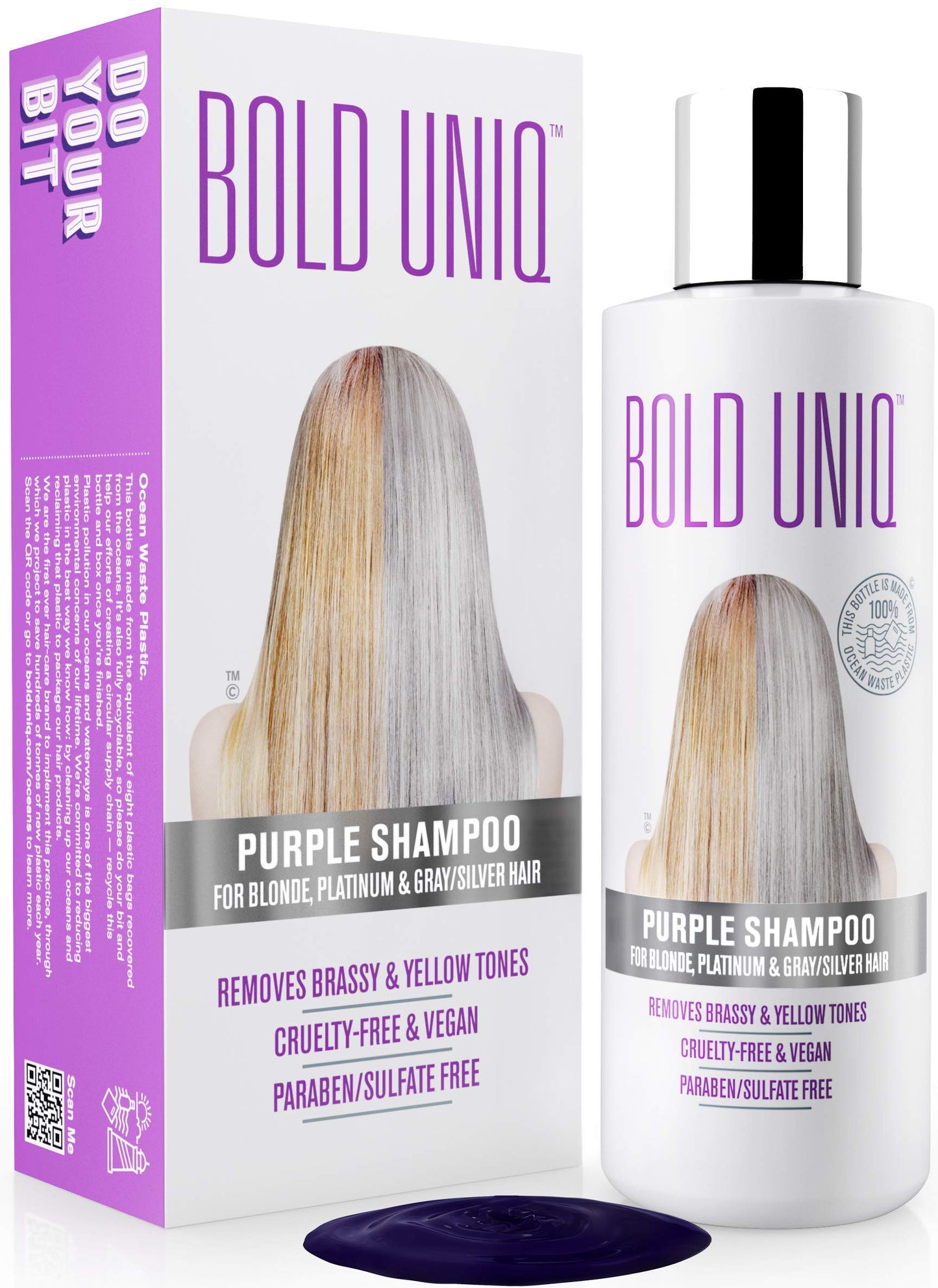 BOLD UNIQ Purple Shampoo & Conditioner Duo - Eliminates Brassy Yellow Tones. Lightens Blonde, Platinum, Ash, Silver and Grays. Paraben & Sulfate Free, Vegan and Cruelty Free.