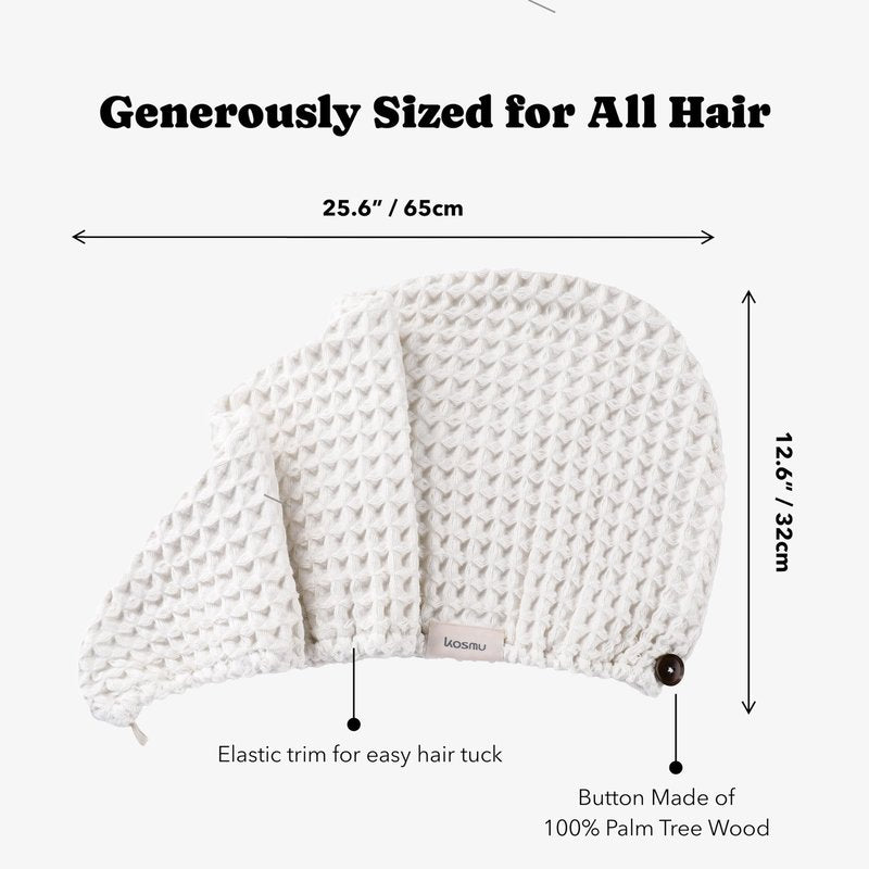 Luxury Organic Japanese Cotton Hair Drying Waffle Towel Wrap for Women | Absorbent, Quick-Dry Head Turban for Shower, Sauna, Spa | Extra Large for Long, Curly, Straight Hair With Button (White, 1 Pc)
