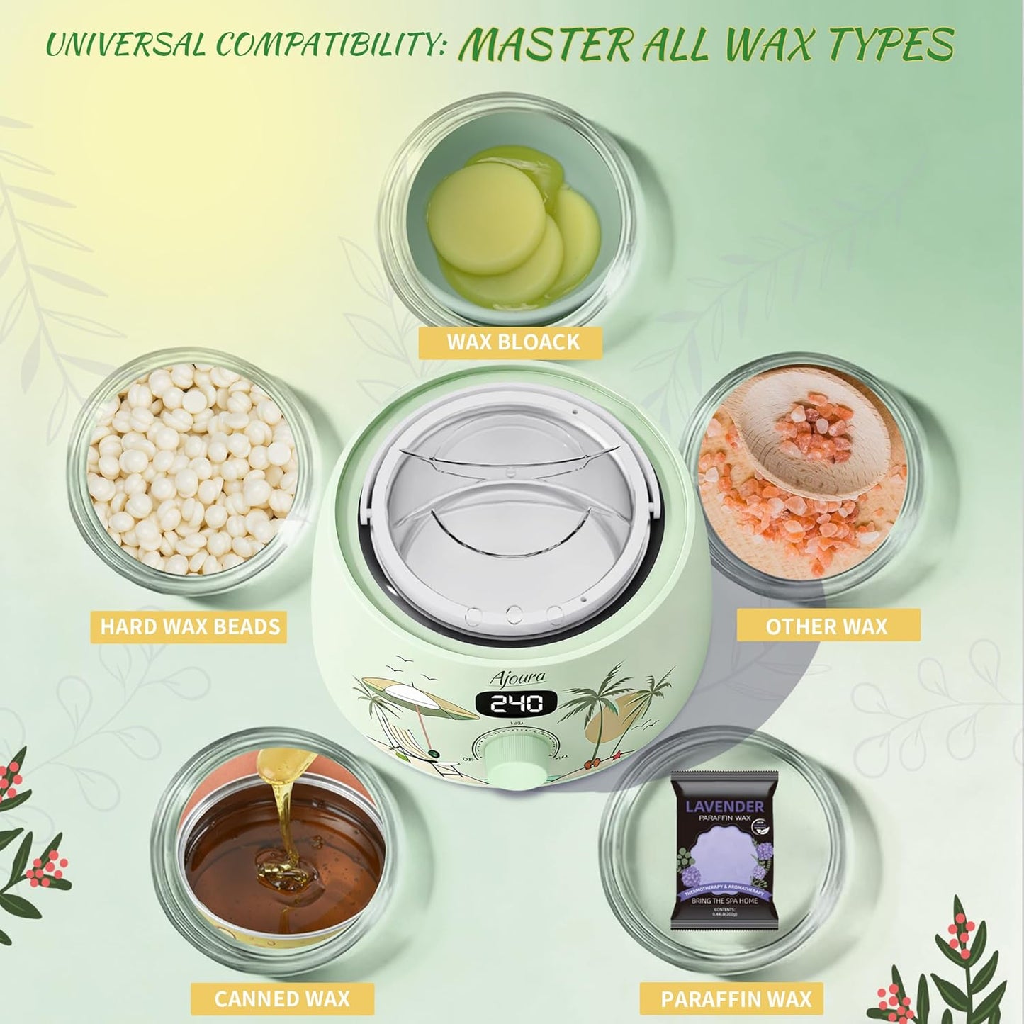 Digital Wax Warmer Kit - 10-Minute Quick Heat Hair Removal System with Precision Temp Control | Includes 30 Wax Sticks, Light Green