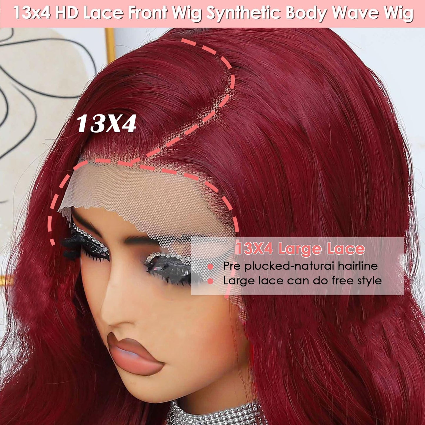 Ruiieea 99J Burgundy Lace Front Wig Synthetic 13x4 Lace Front Wig Body wave Lace Frontal Wig for Women Glueless Daily Use 26 Inch