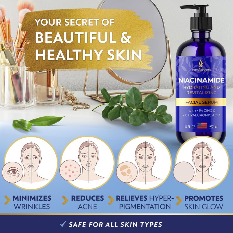 InstaSkincare Niacinamide Serum 8Oz for Face 10% with Zinc 1% Vitamin B3 Brightening Serum for Tone, Texture