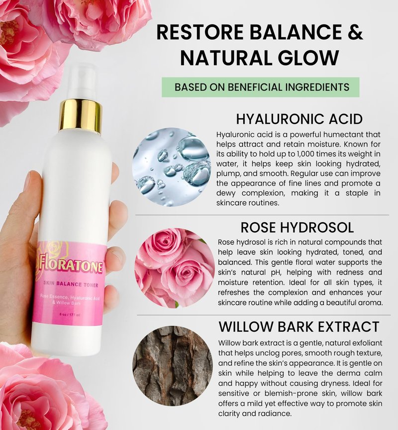 Floratone Skin Balance Facial Toner - with Rose Essence, Hyaluronic Acid & Willow Bark - Facial Mist for Sensitive Skin
