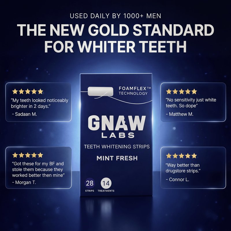 GNAW LABS Teeth Whitening Strips for Men – Mint Fresh | 14 Treatments | Enamel Safe Hydrogen Peroxide Formula with Mint | FoamFlex™ Technology | No Sensitivity, Professional Whitening Kit.
