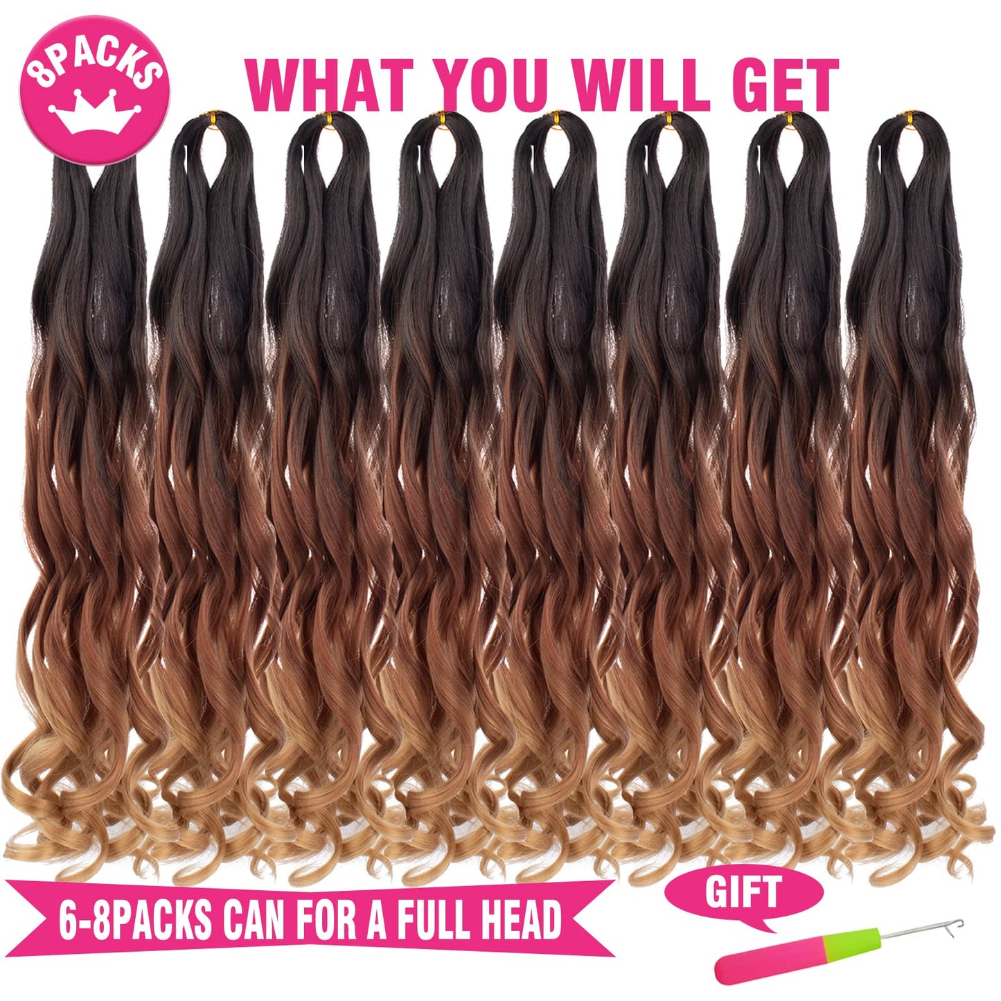 Unionbeauty 30 Inch French Curly Braiding Hair - 8 Packs Pre-Stretched Synthetic Crochet Hair Extensions for Black Women - Spanish Curl Braids, Bouncy Loose Wavy Ombre