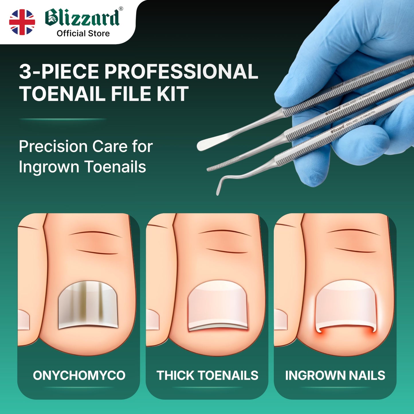 Blizzard Premium Blacks File Pedicure Set – 3-Piece Ingrown Toenail Kit - Double-Sided Toenail Cleaner, Nail File & Nail Lifter – Stainless Steel Podiatry Tools - Professional Foot Care Nail File Set