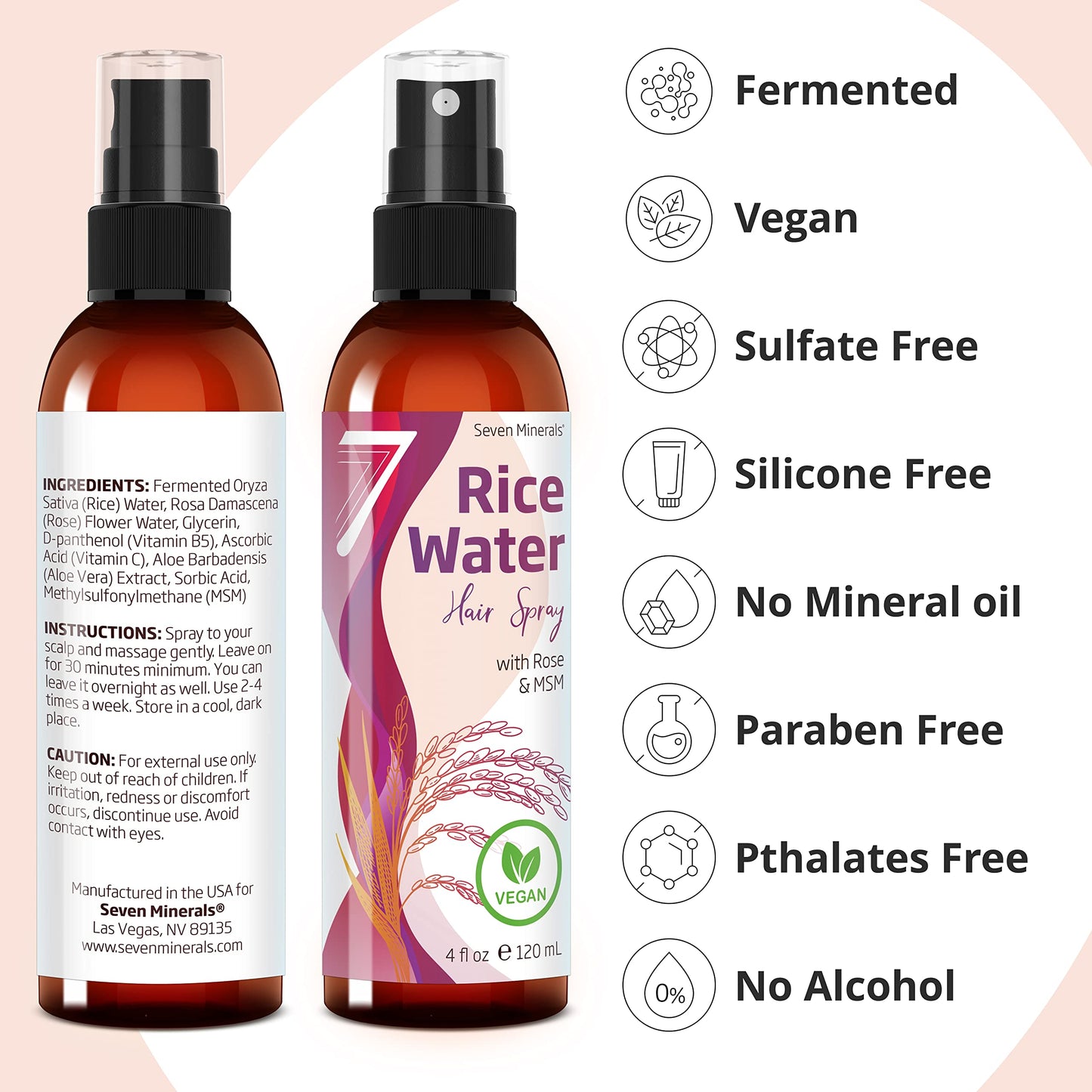 Seven Minerals Fermented Rice Water with Rose Water, Organic Aloe Vera Gel, & MSM