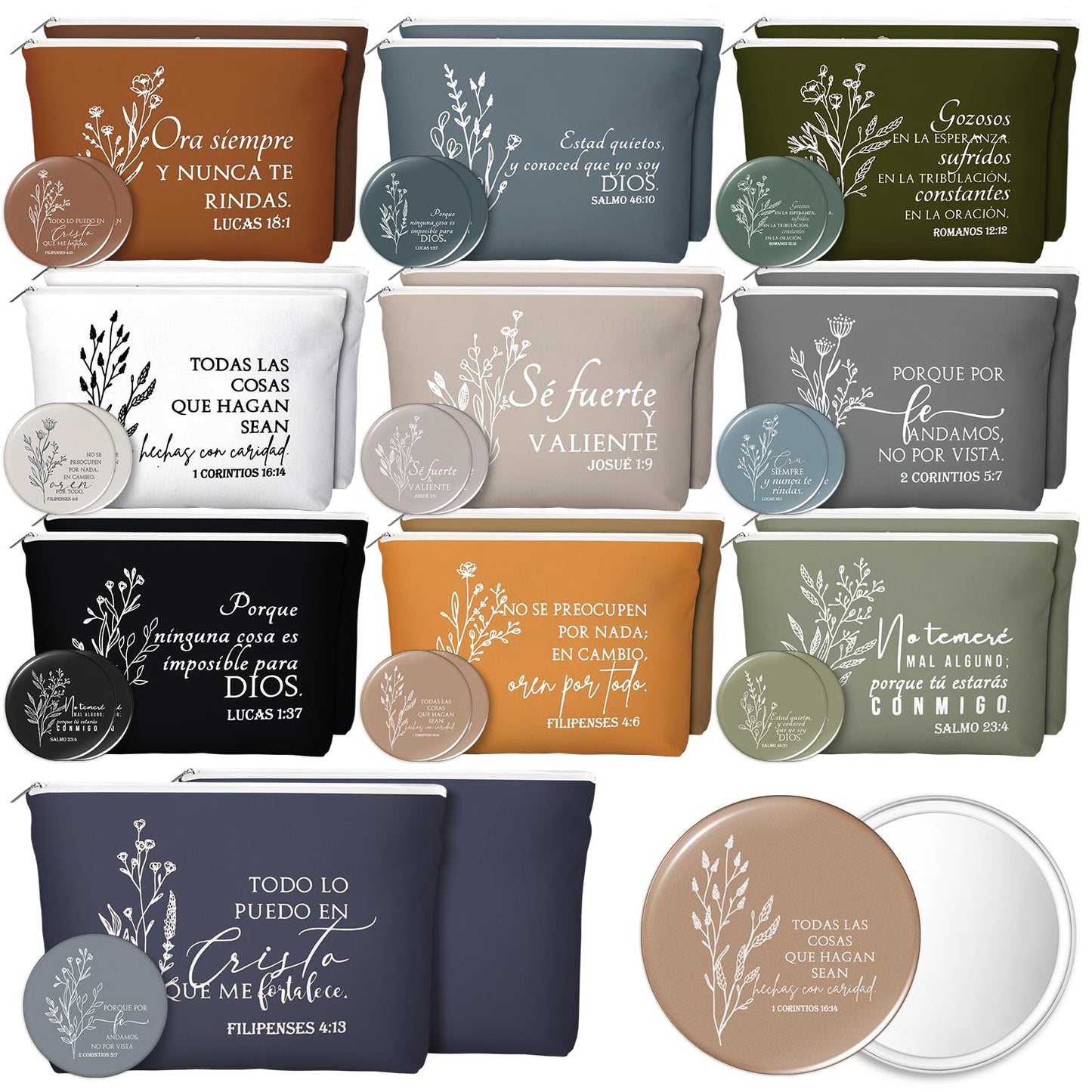 Kacctyen 20 Sets Spanish Christian Gifts for Women Bulk Bible Verse Makeup Bags Compact Mirror Regalos Cristianos Para Mujer En Español Canvas for Church Articulos Religiosos Catolicos (Boho Color)
