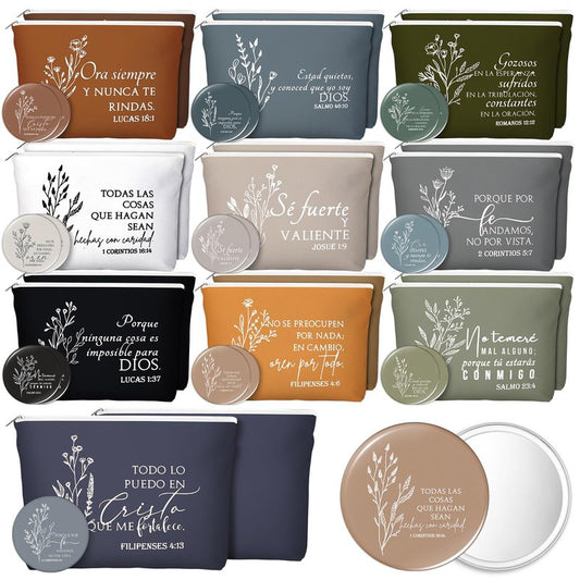 Kacctyen 20 Sets Spanish Christian Gifts for Women Bulk Bible Verse Makeup Bags Compact Mirror Regalos Cristianos Para Mujer En Español Canvas for Church Articulos Religiosos Catolicos (Boho Color)
