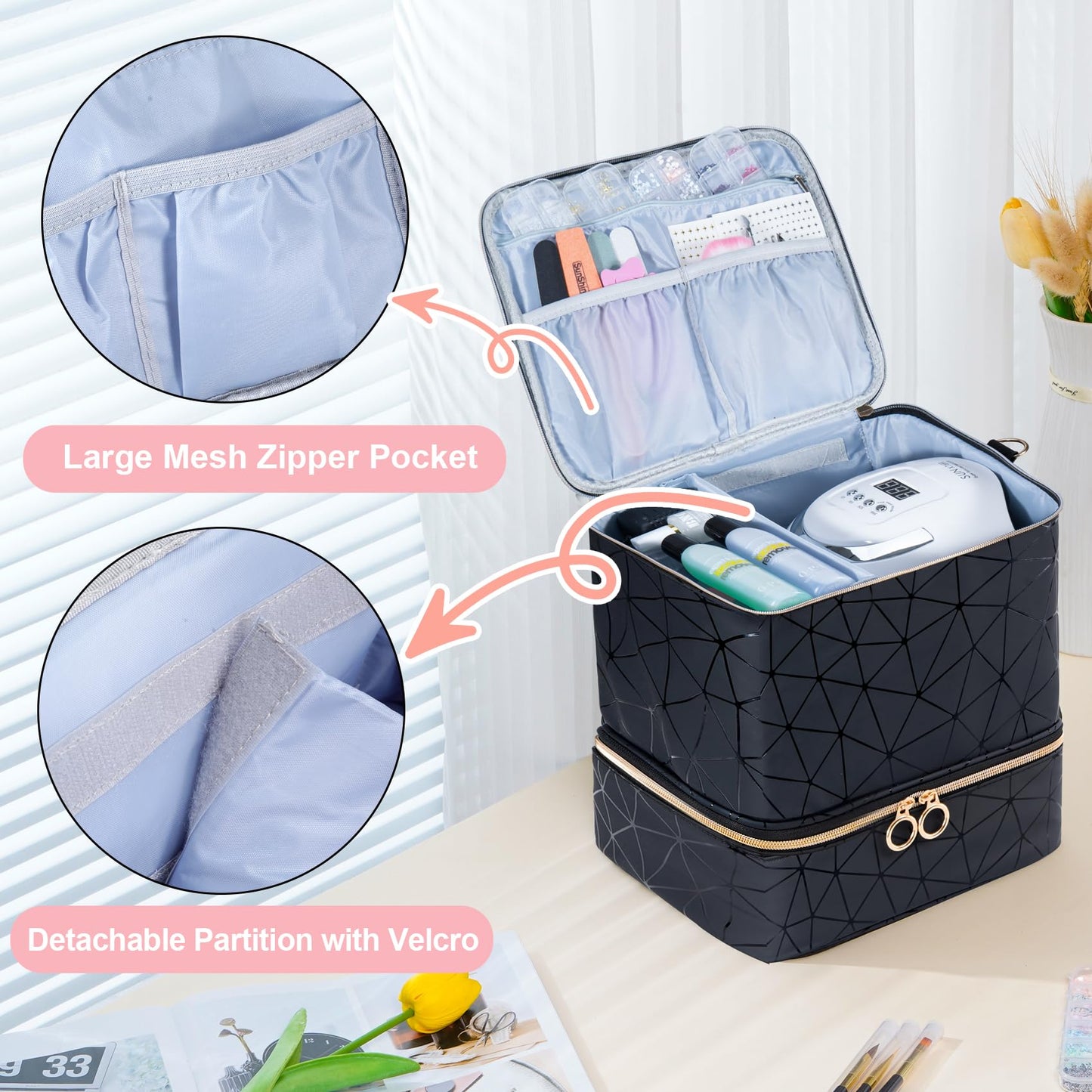 Uross Nail Polish Organizer Bag Holds 42 Bottles Nail Polish & Nail Lamp, Large Gel Polish Organizers and Storage box for Nail Tech, Nail Kit Supplies Organizer Case - Leopard