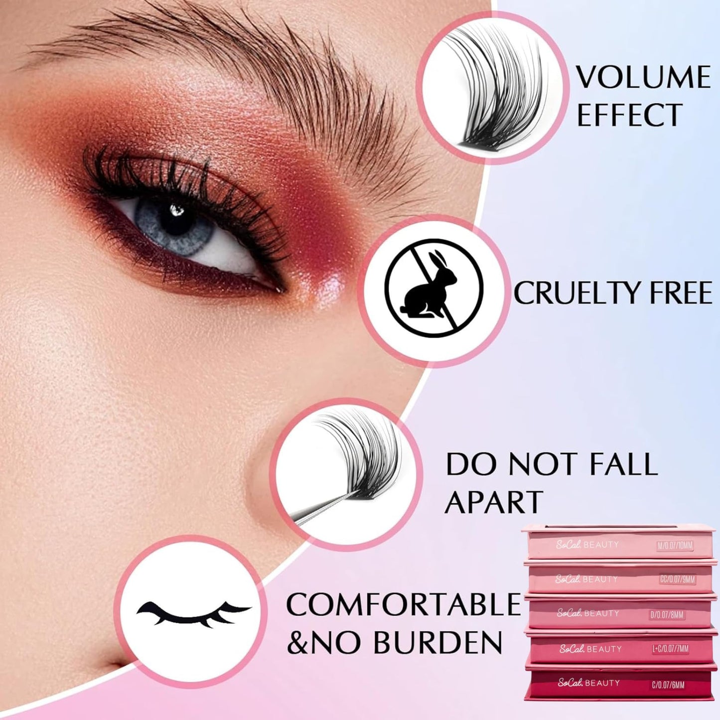 .07 Single Length Lash Trays by Socal Beauty – Faux Mink Eyelash Extensions, 20 Rows Per Tray, Color-Coded Curls (M, L+, C, CC, D from 4mm To 15mm), Aluminum Backing – Salon Quality Mink Eyelashes