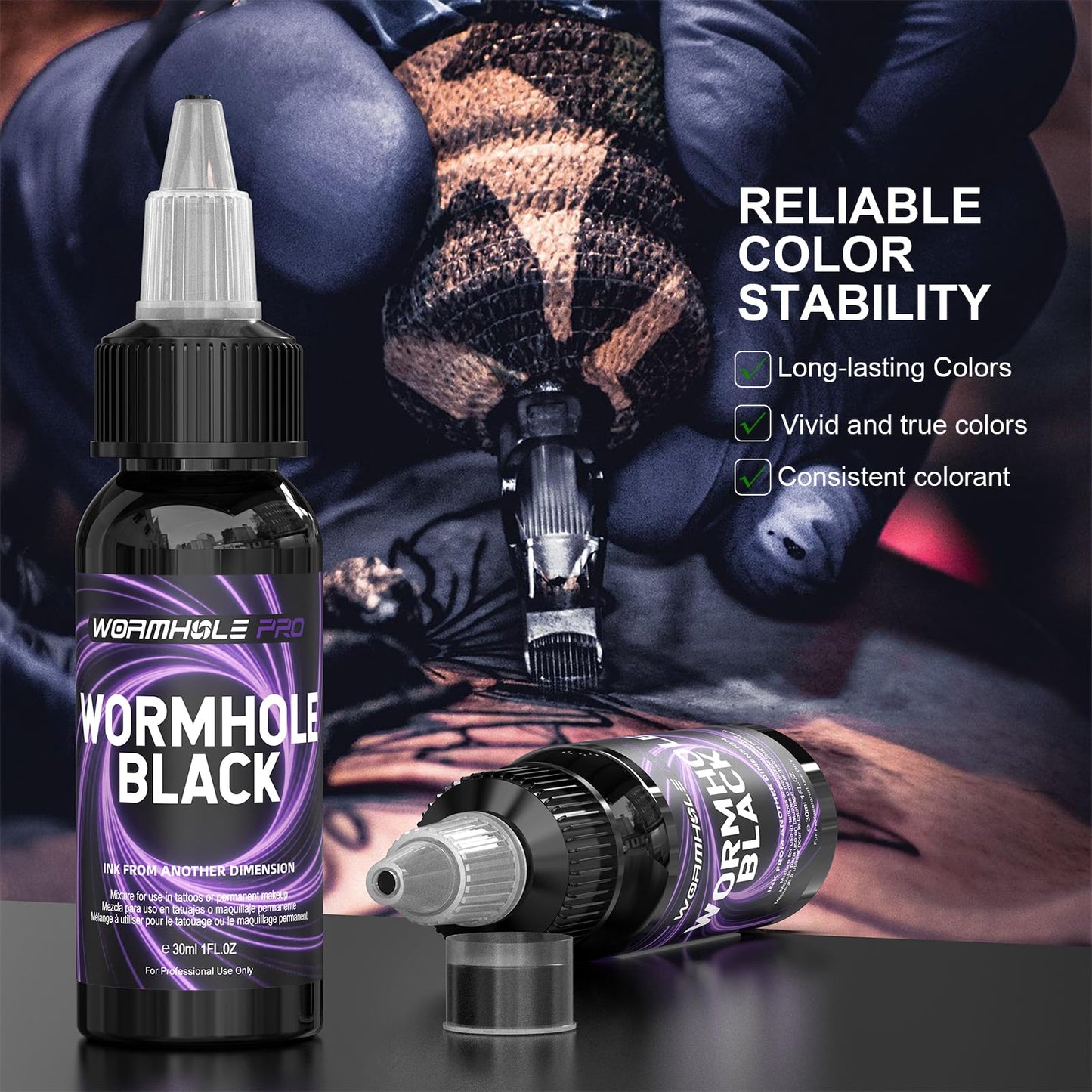 WORMHOLEPRO Black Tattoo Ink Premium Long Lasting Vivid Color Tattoo Ink Vegan Friendly Tattoo Pigment Tattoo Supplies (8 oz Bottle)