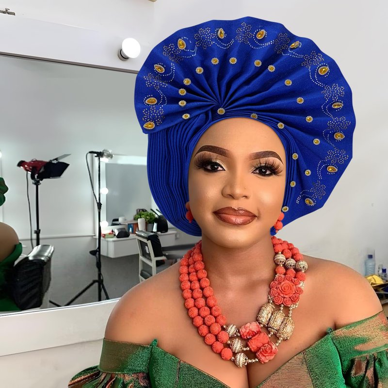 African gele head wrap for women Nigerian Headwear,auto gele Nigerian Headwear,turbans for women weddings parties event (Blue 1)